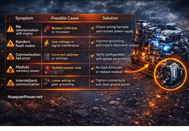 Troubleshooting of the Communication Module for Diesel Generator 3 Diesel generator communication module troubleshooting chart showing symptoms, causes, and solutions for CAN bus, wiring, and power issues