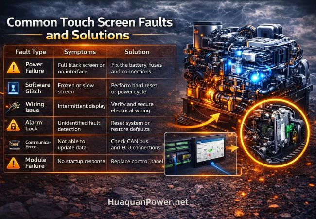 Diesel generator touch screen faults chart showing common issues, symptoms, and solutions for control panel problems