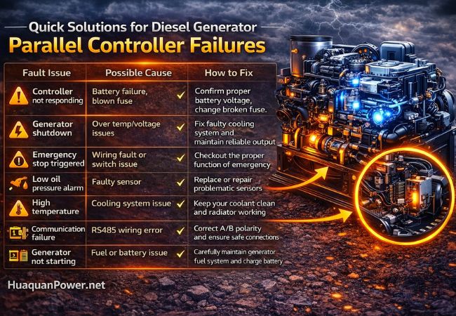 Panne du contrôleur parallèle du générateur diesel avec panneau de commande et illustration du système