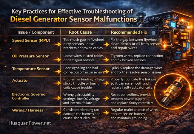 Key practices for troubleshooting diesel generator sensor malfunctions including speed, pression d'huile, and temperature sensor issues with solutions