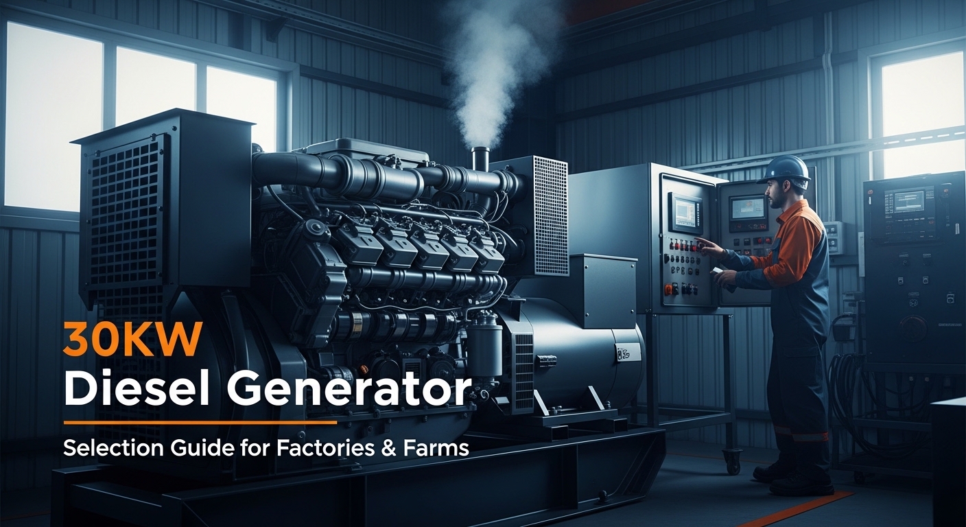 30kW diesel generator in factory with technician inspecting control panel