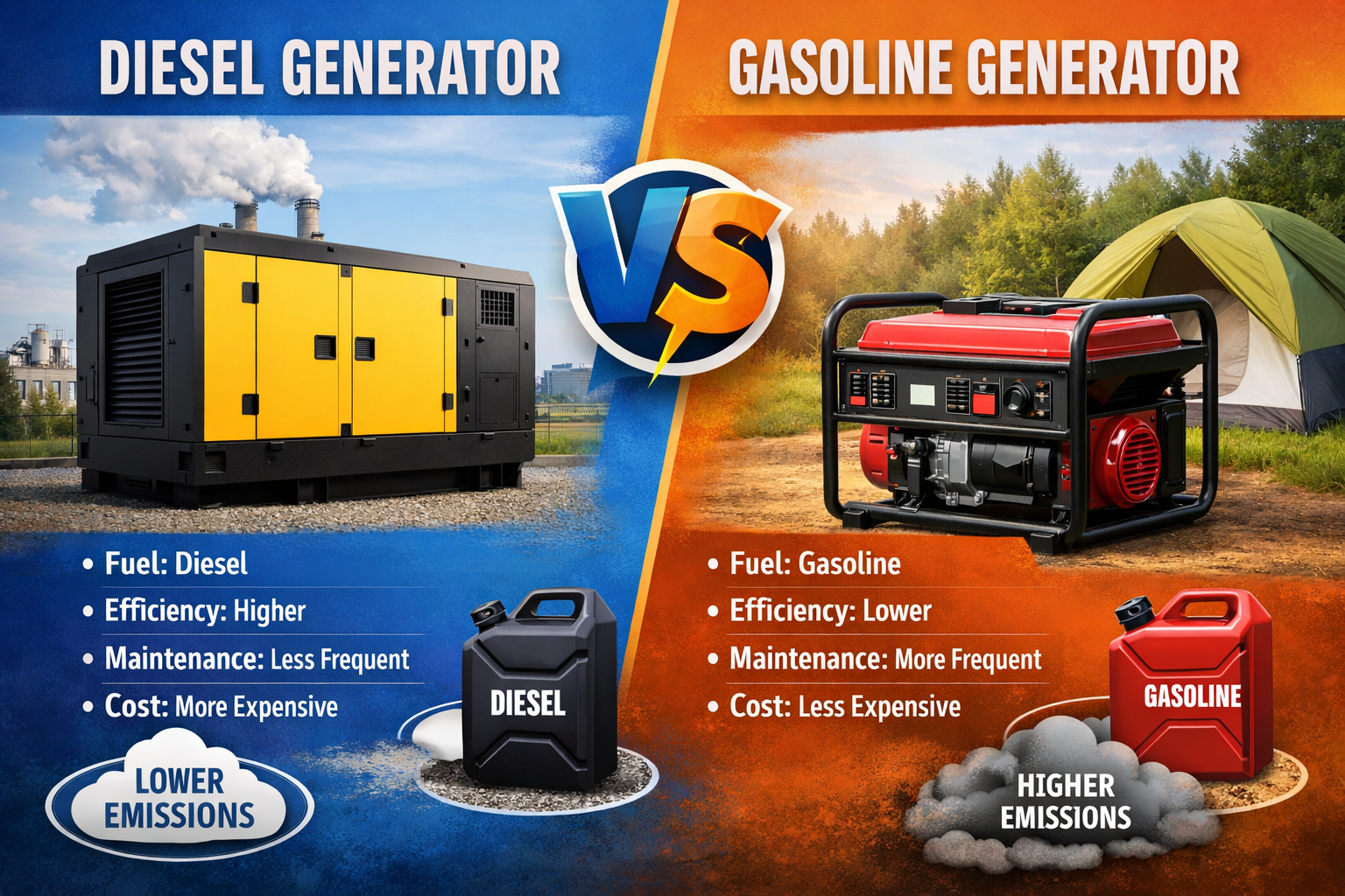 Comparison between Diesel Generator and Gasoline Generator