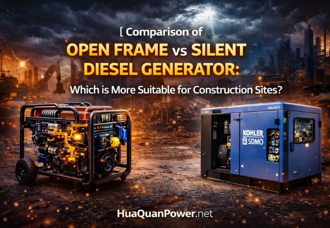 Open Frame vs Silent Diesel Generator comparison showing construction site power equipment options