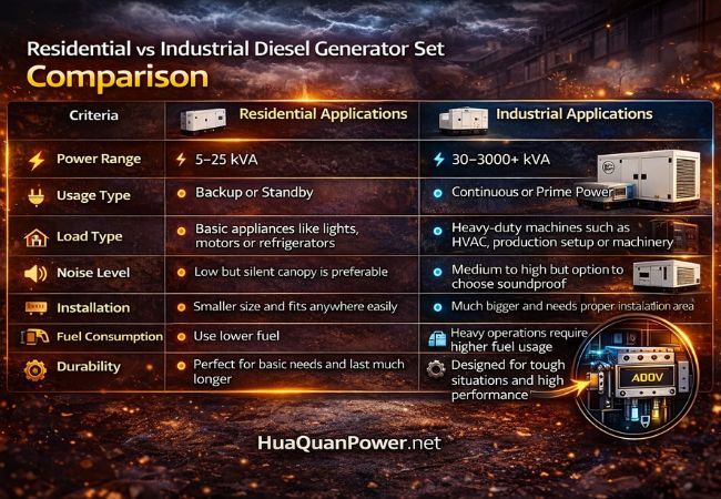 residential vs industrial diesel generator comparison power range usage noise installation fuel consumption durability