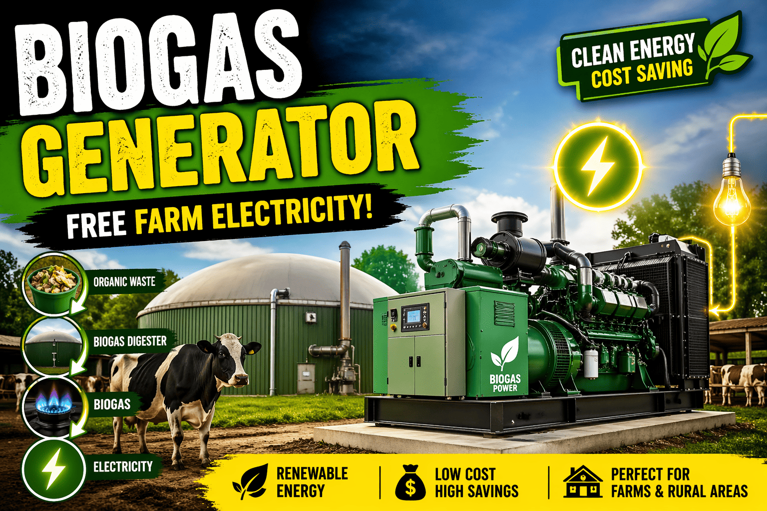 biogas generator for farm electricity producing renewable energy from organic waste
