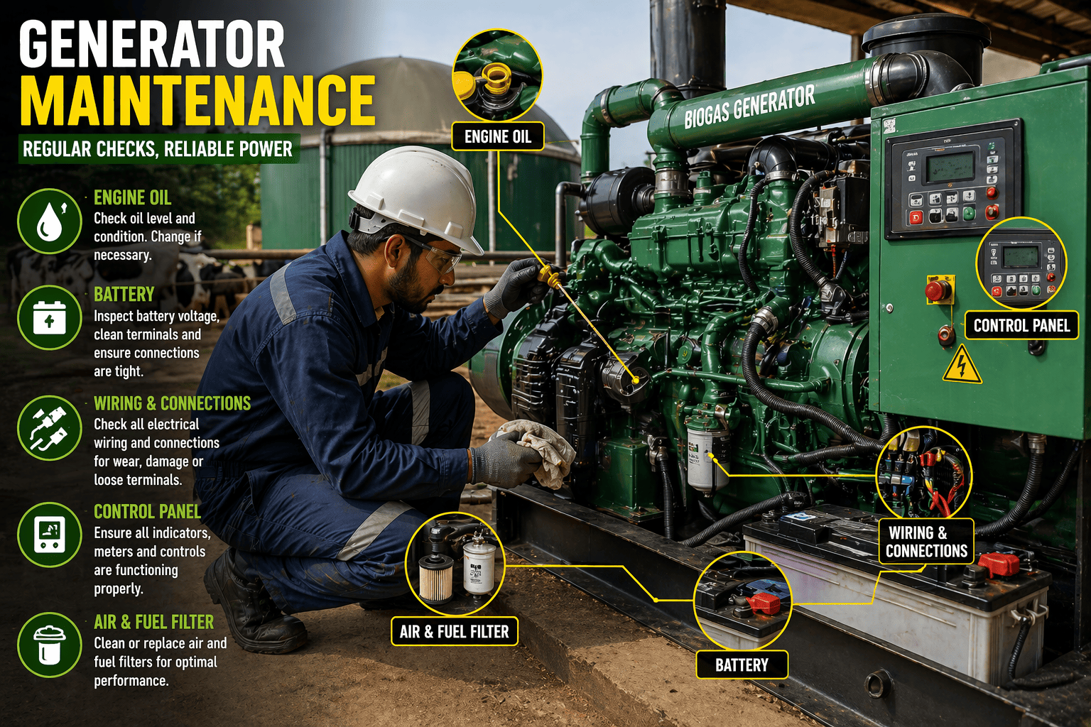technician inspecting biogas generator maintenance including engine oil battery and wiring