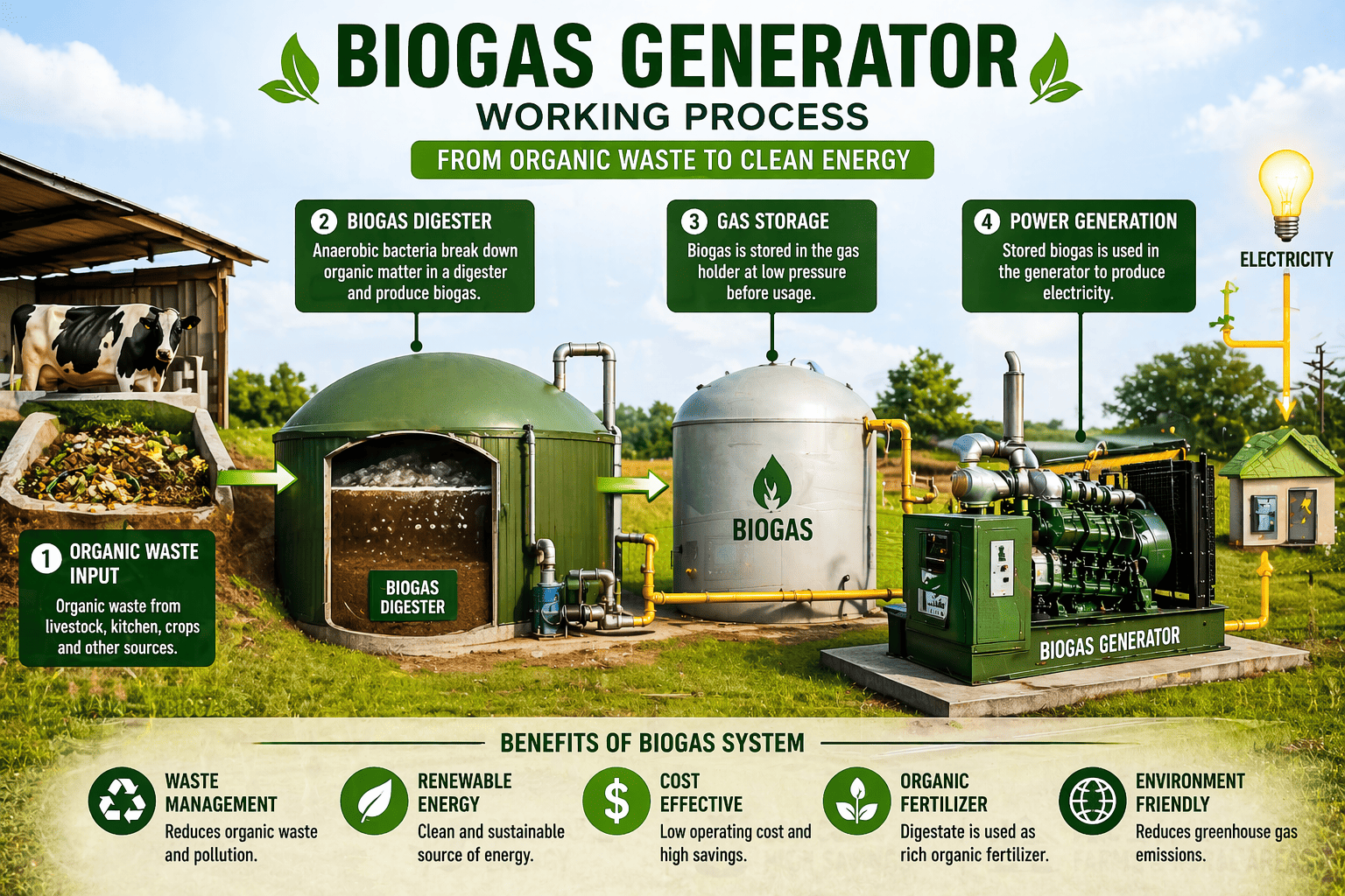 biogas generator working process diagram from organic waste to electricity production