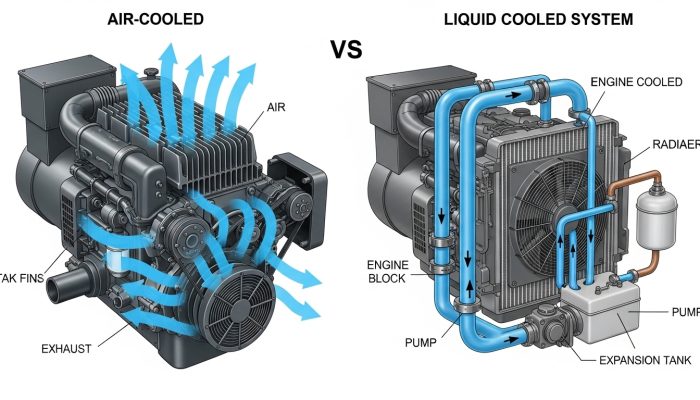 diesel generator cooling system types air cooled vs liquid cooled diagram with airflow and coolant circulation