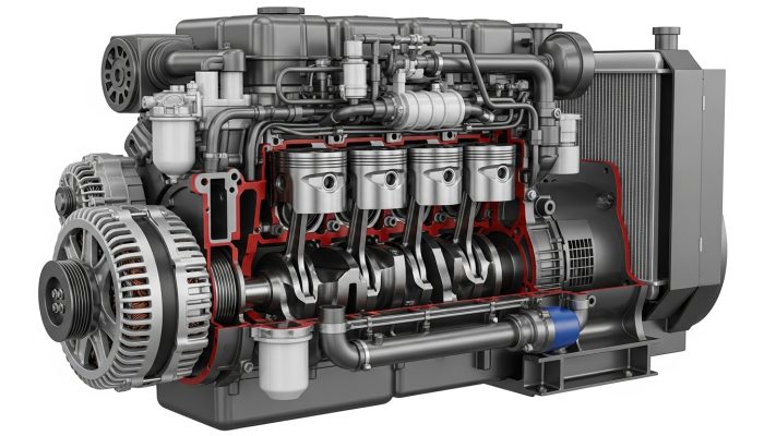 Diesel generator engine cutaway showing internal components and performance system