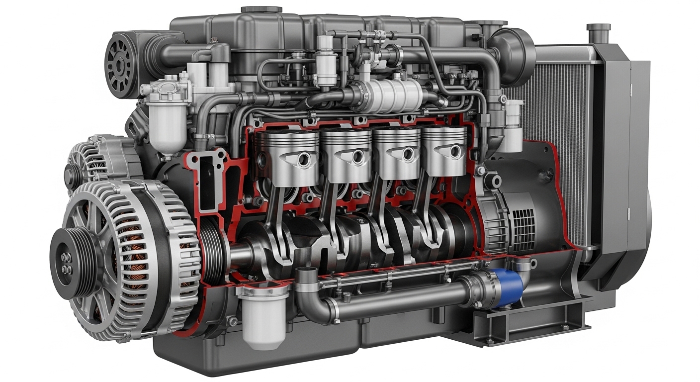 Brand Evaluation of Low-Cost Diesel Generators 2 Diesel generator engine cutaway showing internal components and performance system