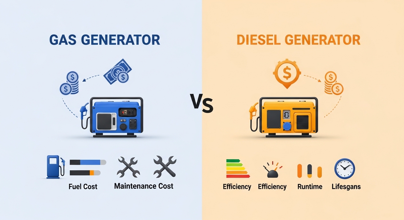 gas vs diesel generator cost infographic fuel maintenance efficiency comparison