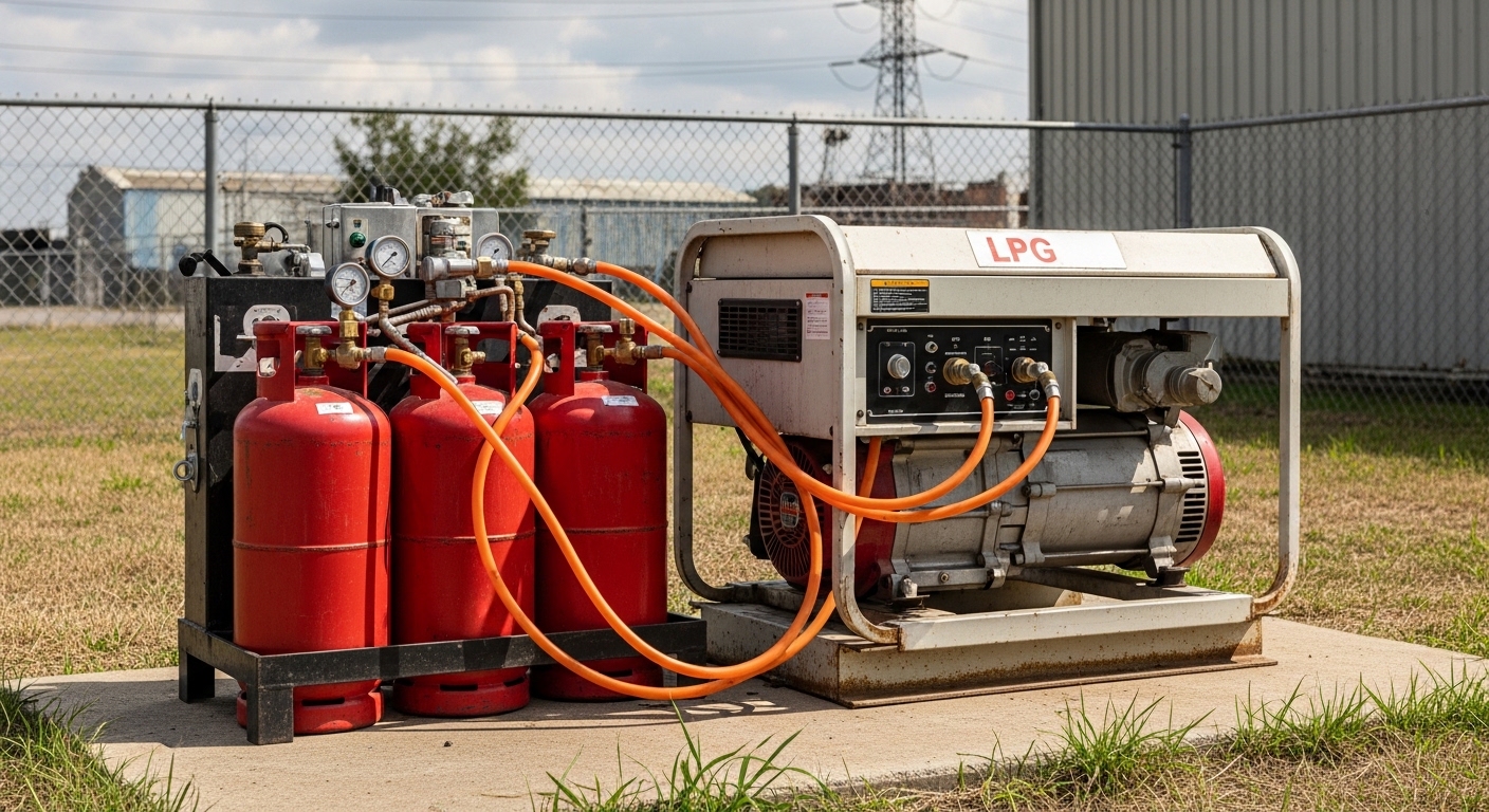 LPG gas generator connected to propane cylinders for portable power