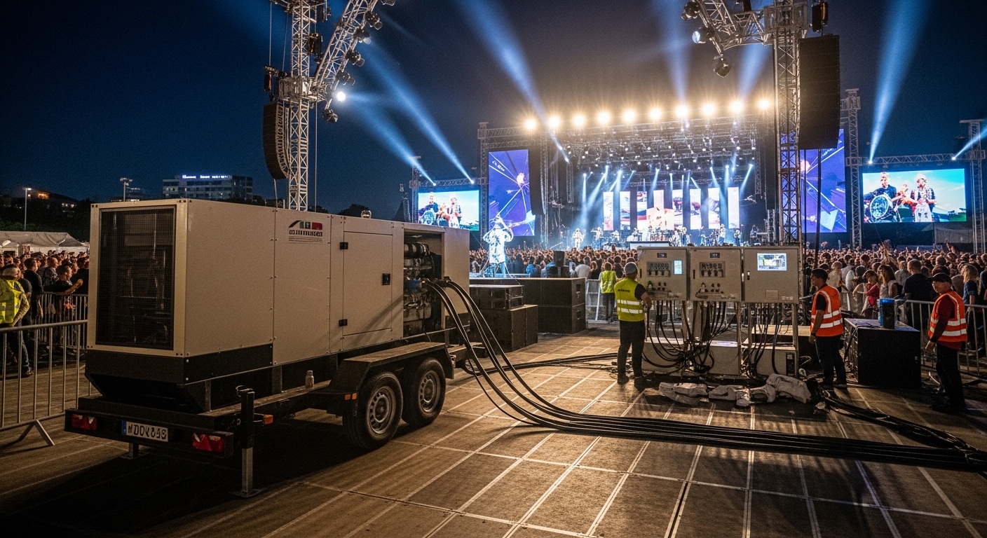 mobile diesel generator trailer powering outdoor event lighting and equipment