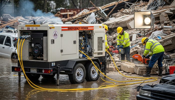 mobile diesel generator trailer used in emergency rescue operation with workers