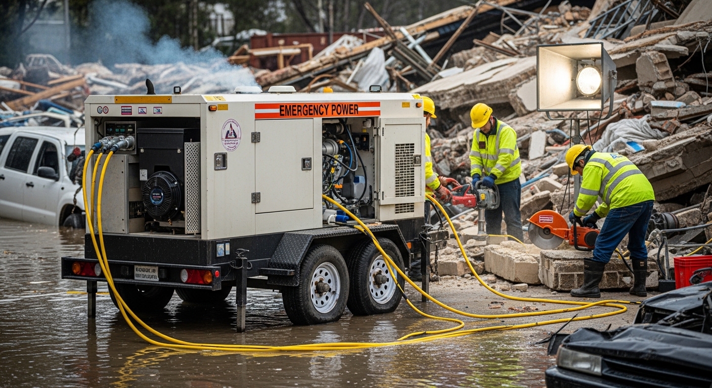 mobile diesel generator trailer used in emergency rescue operation with workers