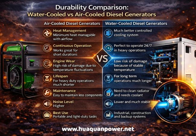 Water cooled vs air-cooled diesel generator durability comparison chart