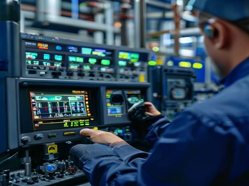 Technician reading diesel generator fuel consumption gauge on control panel, digital display showing liters per hour, industrial power plant