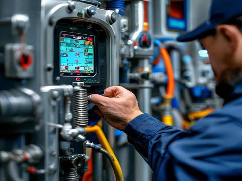 Fuel flow meter installed on diesel generator fuel line, digital readout showing consumption rate, mechanic inspecting connections with wrench