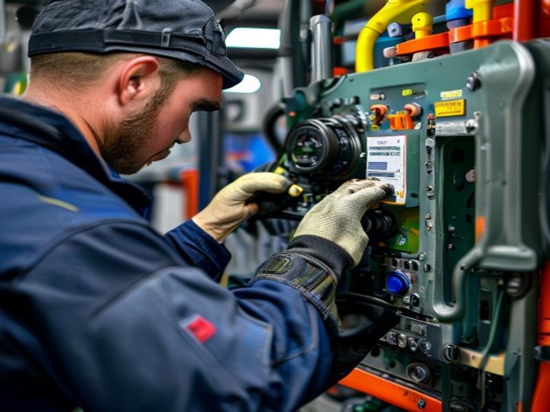 Service technician performing scheduled maintenance on diesel generator, checking oil dipstick and replacing fuel filter, workshop environment
