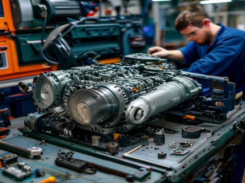 Mechanic performing major overhaul on diesel generator engine, replacing piston rings and cylinder liners, engine block on workbench, workshop tools