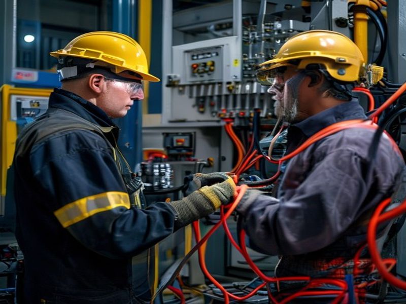 Engineer connecting resistive load bank cables to 500kW diesel generator output terminals, wearing safety helmet and arc flash suit, industrial testing facility