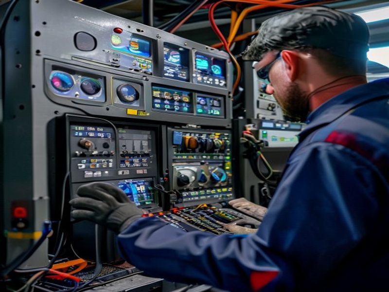 Technician operating load bank control panel, monitoring diesel generator performance on digital display, kW readings visible, afternoon testing session