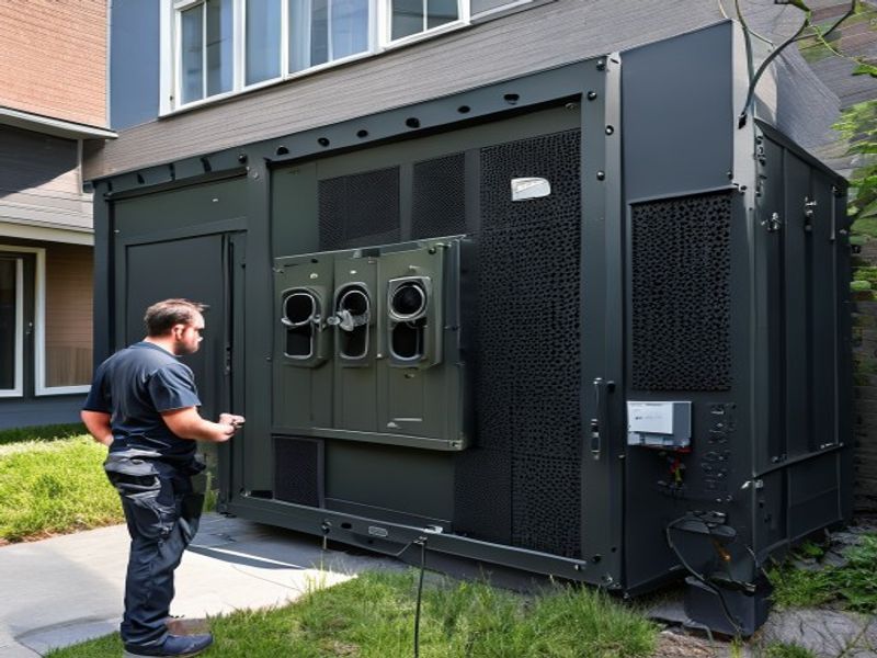 Sound-attenuated diesel generator enclosure with acoustic panels, technician inspecting access door seal, residential installation near building