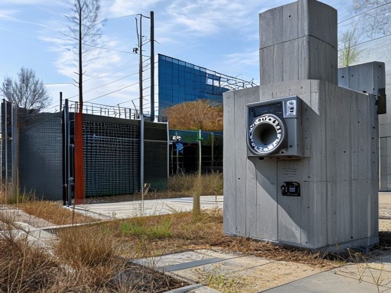 Concrete noise barrier wall alongside diesel generator installation, acoustic enclosure visible behind barrier, measuring sound level meter reading 62 dB, commercial property