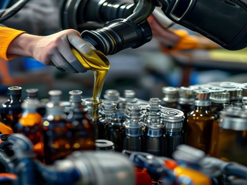 Mechanic pouring SAE 15W-40 diesel engine oil into generator engine through funnel, oil bottles and filter visible, workshop maintenance session