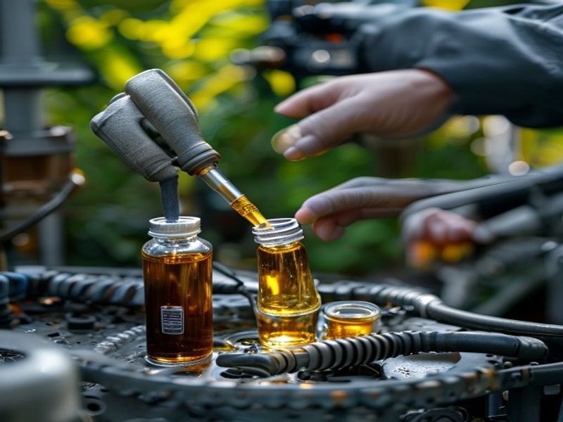 Technician extracting used oil sample from diesel generator through dipstick tube, sample bottle labeled, oil analysis kit nearby, outdoor installation