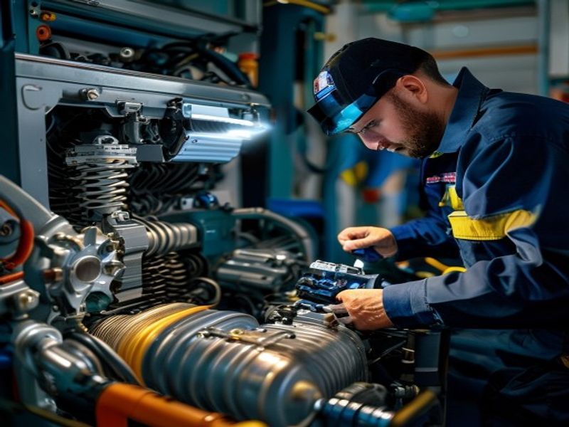 Technician inspecting diesel generator radiator for coolant leaks, checking hose connections with flashlight, water pump visible, engine compartment