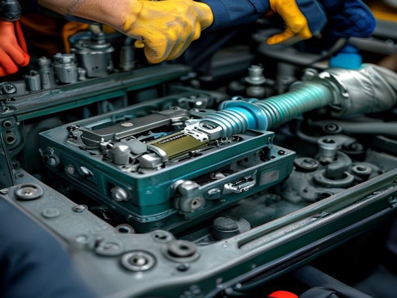 Mechanic removing thermostat housing from diesel generator engine, thermostat visible inside, using gasket scraper, coolant drain pan underneath