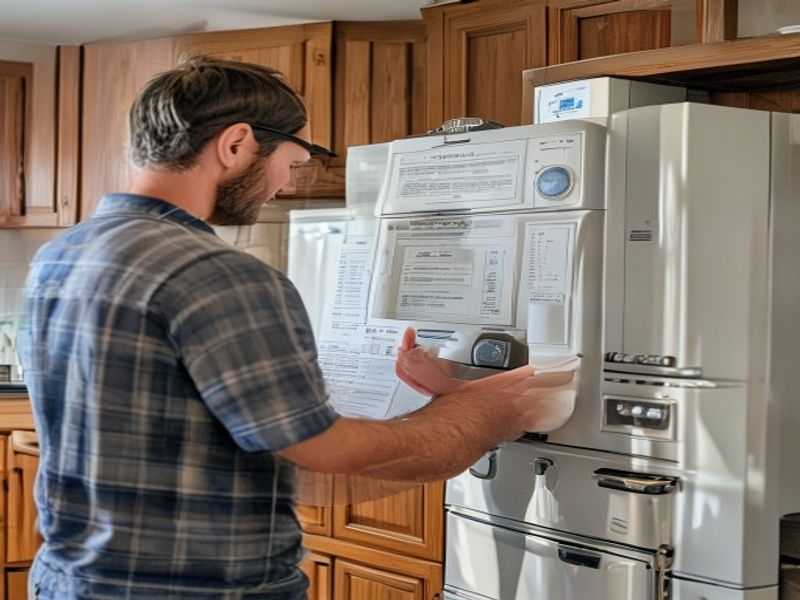 Homeowner checking appliance wattage labels on refrigerator and furnace, clipboard with power calculation worksheet, residential kitchen
