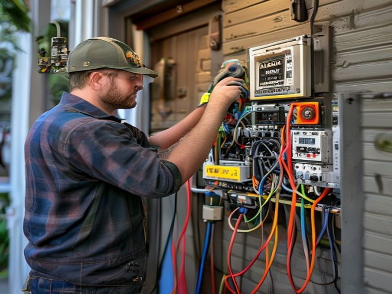 Electrician installing transfer switch next to home electrical panel, connecting wires to 20kW diesel generator, residential garage installation