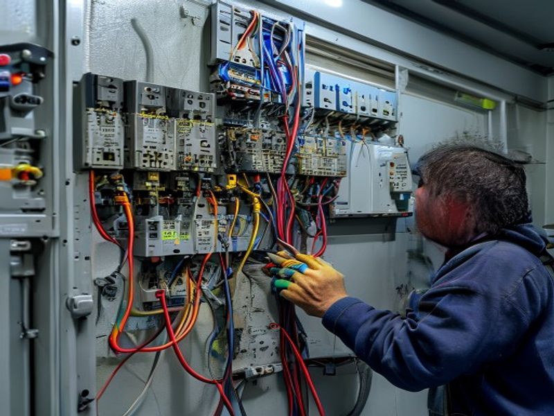 Electrician wiring manual transfer switch panel, connecting utility and generator source cables, wire strippers and screwdriver on panel, indoor electrical room