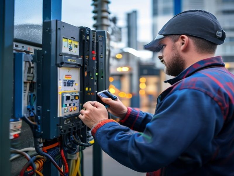 Electrician testing automatic transfer switch operation, digital multimeter checking voltage on output terminals, generator running in background, commercial building