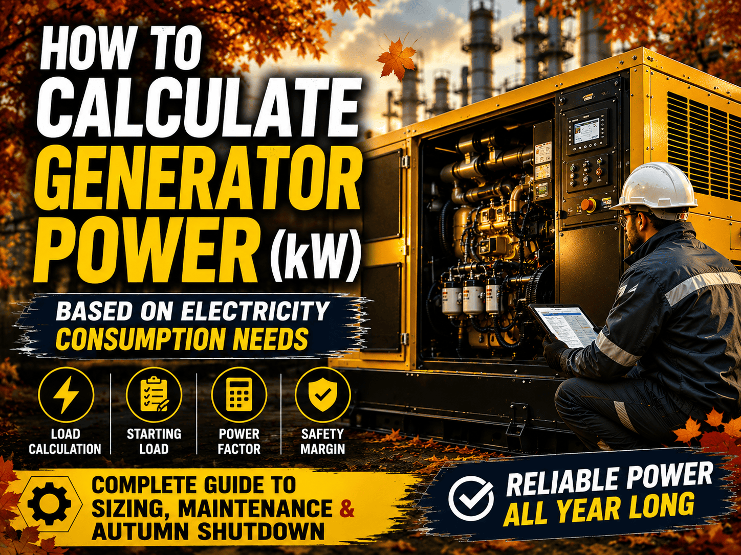 Generator Power calculation guide with industrial diesel generator and engineer inspection