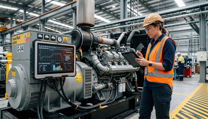 Engineer calculating generator power load beside industrial diesel generator