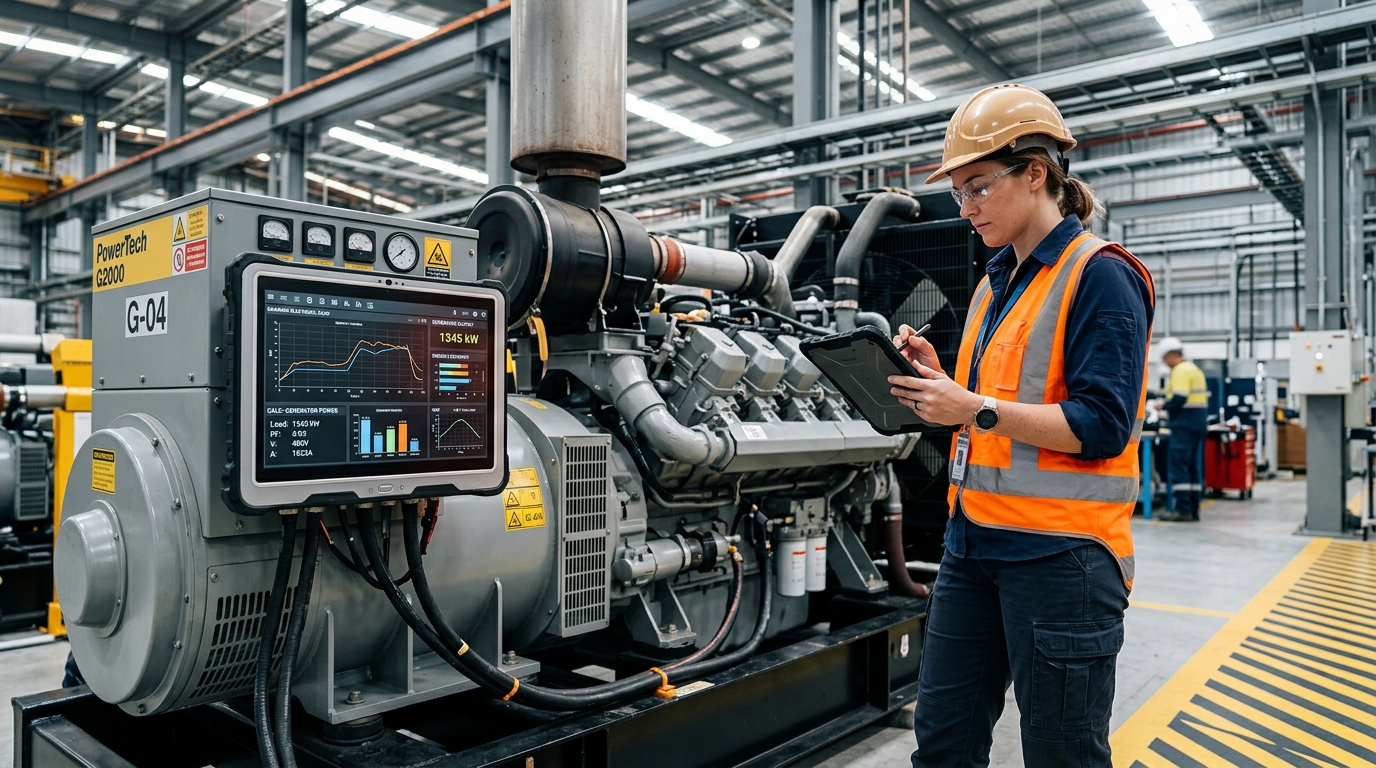 Engineer calculating generator power load beside industrial <a href=