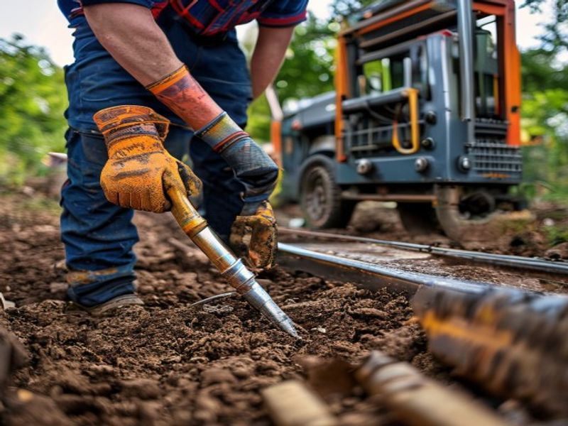Electrician driving copper grounding rod into soil near portable diesel generator, sledgehammer in hand, safety gloves, outdoor construction site