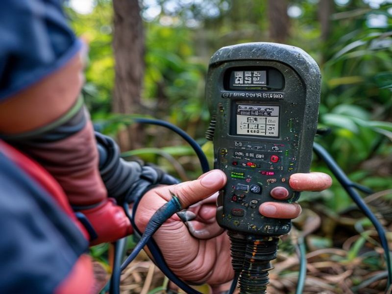Multimeter measuring ground resistance at diesel generator grounding rod, display showing 4.2 欧姆, technician holding test leads, outdoor installation