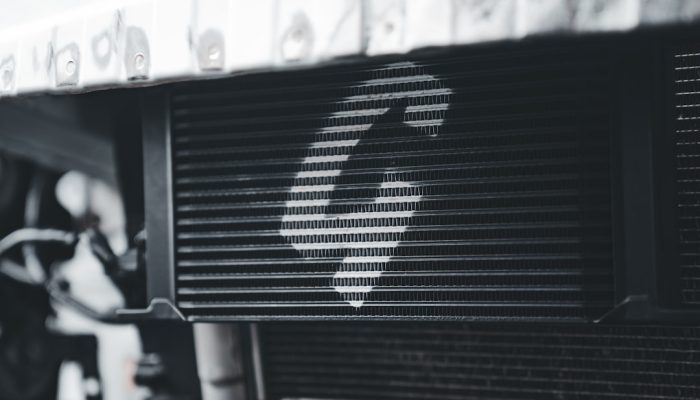 Black and white close-up of a car's radiator grille.