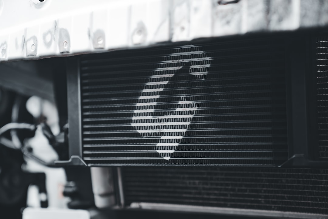 Black and white close-up of a car's radiator grille.