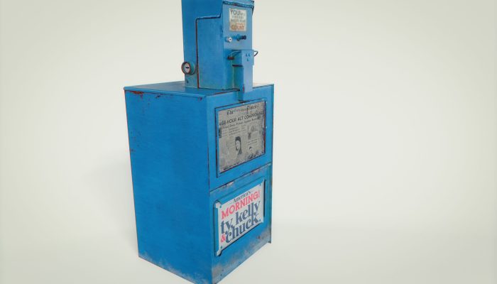 A blue machine with a clock on top of it