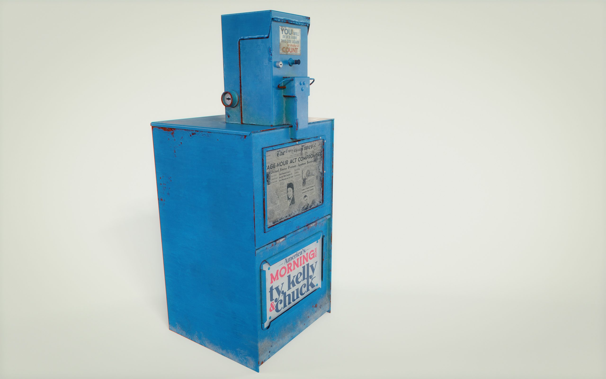 A blue machine with a clock on top of it